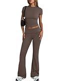 Trendy Queen Lounge Sets For Women 2 Piece Casual Y2K Outfits Short Sleeve Cropped Tops Fold Over Flare Pants Tracksuits Brown M