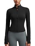 CRZ YOGA Butterluxe Womens Cropped Slim Fit Workout Jackets - Weightless Track Athletic Full Zip Jacket with Thumb Holes Black Medium