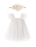 ANHDM Baby Girl First Birthday Outfit Smash Cake 1st Birthday Dress with Flower Headband, White, 12 Months=Tag 90