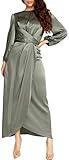 PINUPART Women's Elegant Long Sleeve Satin Maxi Cocktail Formal Dress for Special Occasions Large Green