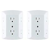 GE 6-Outlet Extender, 2 Pack, Grounded Wall Tap, Adapter Spaced Outlets, 3-Prong, Multiple Plug, Quick and Easy Install, Cruise Essentials, UL Listed, White, 40222