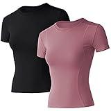 Loovoo Women's Workout Tops 2 Pack Short-Sleeves Crewneck Compression Seamless Athletic Yoga Tee Gym Shirts