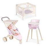 Babi by Battat – Doll Nursery Playset Playpen, High Chair,Jogger Stroller Accessories 14-inch Baby Girl Medium-Light Skin Tone Bright Blue Eyes & Removable Outfit Children’s Toys for Ages 2+