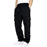 Men's Heavyweight Fleece Cargo Sweatpants Stretch Elastic Waist Jogger Sport Pants Drawstring Sports Trousers Black