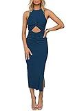 HUUSA Women's Casual Spring Break Ribbed Bodycon Dress Sexy Sleeveless Pleated Crisscross Twist Knot Hollow Out Vacation Long Slit Dresses with Belt Dark Blue M