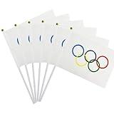 Olympic Flag Small Mini Olympic Rings Hand Held Flags on Sticks for Olympic Themed Party Decorations Supplies 5x8 Inch 12 Pack(SYQ-1)