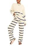 LILLUSORY 2 Piece Outfits for Women 2024 Fall Fashion Oversized Striped Sweaters Sets Cozy Lounge Sets Knit Clothes StripesBeige XL