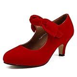 Women's Bow Heels Mary Jane Kitten Heel Pumps Round Toe Low Heels Ankle Strap Wedding Red Dress Evening Party Shoes Size 7