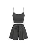 CIDER U-neckline Crop Cami Top & Drawstring Wide Leg Shorts Set: Grey, L