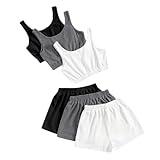 SheIn Women's 6 Pieces Outfits Tank Crop Top and Elastic Waist Shorts Lounge Set Multicolor Black Small