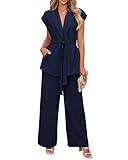 PRETTYGARDEN Womens 2 Piece Sets Sexy Tunic Tops Wide Leg Pants Set Dressy Work Business Casual Outfits Lounge Wear(Solid Navy,Medium)