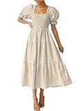 ZESICA Women's 2024 Bohemian Summer Plaid Square Neck Puff Sleeve Ruffle Flowy Beach Midi Dress,Beige,X-Large