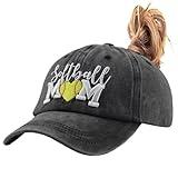 MANMESH HATT Softball Mom Gifts for Women, Vintage Adjustable Distressed Ponytail Baseball Mom Cap, Cute Washed Embroidered Sports Mama Hat for Mothers Day