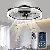 Mcestna Low Profile Ceiling Fan with Light - Flush Mount Ceiling Fan with Remote App Control 20 Inch Black Bedroom Ceiling Fan with Light Dimmable LED Modern Bladeless Ceiling Fan for Living Room