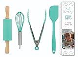 Tovla Jr. Kids Cooking Utensils Set - 4-Piece Kids Kitchen Tools - Safe Kids Baking Set - Food Grade Toddler Chef Supplies - Gender Neutral Silicone Cookware Kit with Spatula Whisk Tongs Rolling Pin