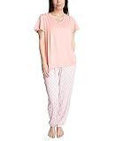 Hanes Women's Petite Step Into Spring Short Sleeve V-Neck Top and Jogger Sleep and Lounge Set, Peach/Geo