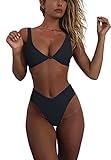 geluboao Womens Black Bikini Set High Waisted V Neck Swimsuit Sexy Kont Front Push Up Cheeky Brazilian Cut Thong Two Piece Bathing Suit M