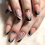 QQPPOLIU Square Press on Nails Medium French Tip Fake Nails Nude Glue on Nails with Rhinestones and Flower Design Black Stick on Nails Oblique Geometry False Nails for Women and Girls