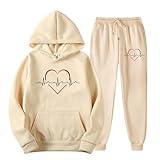 October Womens Heart Print Sweatsuits Set Thin Fleece Sweatshirt Hoodies Jogger Pant 2 Piece Lounge Set Tracksuit with Pocket Conjuntos De Salón