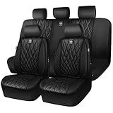 CAR PASS 5 Seats Piping Luxury Leather Seat Covers Full Set, Anti-Slip Waterproof Seat Covers Compatible with Front Armrests, Universal Fit for Suvs,Vans,Trucks,Airbag Compatible, Pure Black