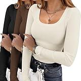 Ekouaer Womens 3 Pack Long Sleeve Shirts Square Neck Basic Ribbed Tops Tee Thermal Undershirts Black/Brown/Beige Small