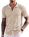 COOFANDY Men's Knit Shirts Short Sleeve Button Up Polo Shirt Fashion Casual Summer Beach Shirts, Apricot, Small