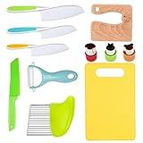 RISICULIS 11 Pieces Wooden Kids Kitchen Knife, Kids Knife Set Include Wood Kids Knife, Serrated Edges Plastic Toddler Knife, Crinkle Cutter, Sandwich Cutter, Y Peeler, Cutting Board