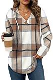 Bofell Long Sleeve Shirts for Women Fall Tops 2024 Trendy Ladies Sweaters Tunics Halloween Sweatshirt Comfort Hoodies for Anxiety Brown Plaid XL