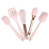 Collfa Rose Gold and Pink Kitchen Utensil Small Five-Piece Set Mini Silicone Kids Kitchen Tools Whisk Spatula Tongs Spoon and Slotted Spatula(Kids Baking Supplies)