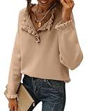 BTFBM 2024 Womens Sweaters Fall Winter Outfits Long Sleeve Button Down Ruffle Crew Neck Casual Knitted Pullover Tops(Solid Khaki, Small)