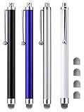 Stylus, 4 Pcs 5.0 Inch Mesh Fiber Tip Stylus Pens for Touch Screen, Compatible with iPad, iPhone, Kindle Fire, 4 Extra Replaceable Hybrid Fiber Tips (White, Black, Silver, Blue)