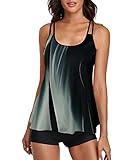 Urchics Womens 2024 Tankini Swimsuit Tummy Control Flowy Swimwear Two Piece Bathing Suits Swim Tank Top with Boyshorts Green Wave XL