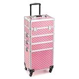 mefeir 4-in-1 Rolling Makeup Train Case Lift Handle,4 Removable Wheels Lockable Keys,Aluminum Cosmetic Trolley Beauty Stylist Artist Organizer Box,Ideal Xmas New Year Gift (Diamond Pink)