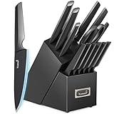 Kuisine Kitchen Knife Set One-piece Molding 15PCS, German High Carbon Stainless Steel Ultra Sharp, Ergonomic Solid Steel Handle, Chef's Knives Built-in Sharpener Knife Block Set, Luxury Gift(Black)