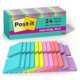 Post-it Super Sticky Notes, 3x3 in, 24 Pads, 2x the Sticking Power, Supernova Neons, Bright Colors, Recyclable