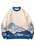 Yimoon Men Sweaters Oversized Graphic Casual Cable Knitted Jumper Pullover Cute Unisex Crewneck Retro Couple Tops (Blue-S)