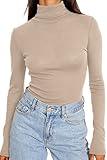 Trendy Queen Fall Fashion 2024 Womens Long Sleeve Outfits High Neck Mock Turtleneck Stretch Tight Lightweight Trendy Basic Layering Slim Fit Soft Thermal Underwear Shirts Beige