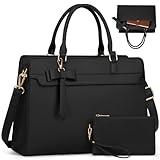 Laptop Bag for Women 15.6 inch Leather Laptop Tote Bag Large Computer Bag Waterproof Business Office Work Bag Briefcase with Satchel Purse 2pcs Set, Black