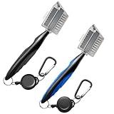 Ortnuzk 2 Pack Golf Club Brush, Professional Groove Cleaner, Golf Club Cleaner with 2.6 Ft Retractable Zip-line, Easily Attaches to Golf Bag Accessories (Blue and Black)