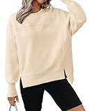 BTFBM Women's Casual Crewneck Sweatshirts 2024 Fall Winter Clothes Long Sleeve Side Slit Workout Fleece Pullover Tops(Beige, Small)