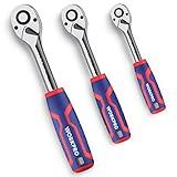 WORKPRO 3-Piece Ratchet Set, 1/4", 3/8", 1/2" Quick-Release Reversible 72-Tooth Drive Socket Wrench