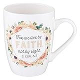 Christian Art Gifts White Floral Ceramic Coffee Mug – 12 oz. Lead and Cadmium-free Non-Toxic Inspirational Scripture Coffee and Tea Mug for Men & Women with Bible Verse: Live By Faith – 2 Cor. 5:7