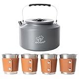 Bulin 2.2L Camping Kettle Set with 4 Cups Lightweight Aluminum Camp Tea Coffee Pot with 4 Stainless Steel Cups for Outdoor Camping Cookware Hiking Backpacking Kitchen Campfire and Picnic, Carrying Bag