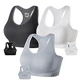 FITTIN Racerback Sports Bras for Women Pack of 3- Padded Seamless Medium Support Workout Gym Activewear Bra, Black/White/Silver Grey