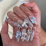 QQPPOLIU Long Almond Press on Nails French Tip Press on Nails Blue Tip Fake Nails with Rhinestones and Bow Tie Designs Semitransparent Glue on Nails Cute False Nails