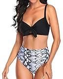 Tempt Me Women Black Snakeskin Two Piece Swimsuits High Waisted Bikini Set Tummy Control Full Coverage Ruched Tie Knot Bathing Suits S