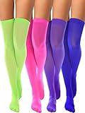 4 Pairs Women's Silk Thigh High Stockings Nylon Socks for Women Halloween Cosplay Costume Party Tights Accessory (Rose Red, Royal Blue, Purple, Green,F Size)