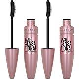 Maybelline Lash Sensational Washable Mascara, Lengthening and Volumizing for a Full Fan Effect, Blackest Black, 2 Count