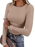 ANRABESS Women Long Sleeve Crewneck Rib Knit Slim Fit Shirts Basic Tee Tops 2024 Casual T-Shirt Going Out Workout Outfits Light Khaki Medium