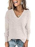 ANRABESS Womens V Neck Sweaters Long Sleeve Shirts Loose Fit Casual 2024 Fall Fashion Lightweight Pullover Tunic Tops Outfits Beige Large